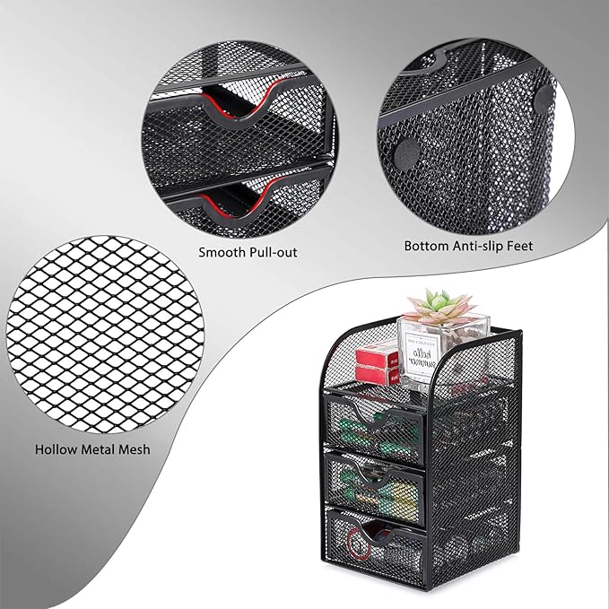 BTSKY Metal Mesh Battery Storage Organizer for AA, AAA, 9V, C Batteries, 3-Drawer Storage Box Battery Holder Organizer for Common Types Batteries, Household Container (Batteries Not Included)
