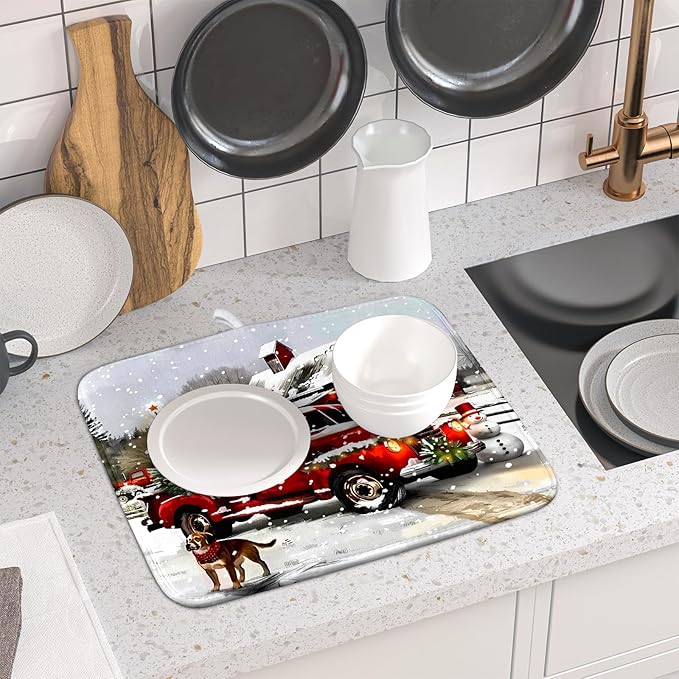 Red Truck Christmas Dish Drying Mat for Kitchen Counter 16x18 Inch Winter Xmas Tree Snowman Dog Print Absorbent Reversible Microfiber Drying Mats Kitchen Countertop Protector Dishes Drainer Rack Pad