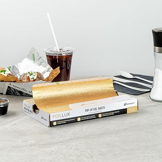 Restaurantware Lux Pop-Up Foil Sheets - 10.8 x 9 Inch, 100 Gold Embossed Aluminum Foil Papers, Greaseproof, Freezable & Oven Ready