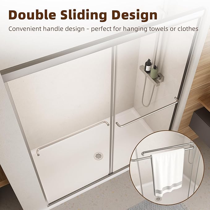 Shower Door,56-60" W x 70" H Semi-Frameless Double Sliding Glass Shower Door with 1/4'' (6mm) Clear SGCC Tempered Glass,Bypass Shower Enclosure,Brush Nickel