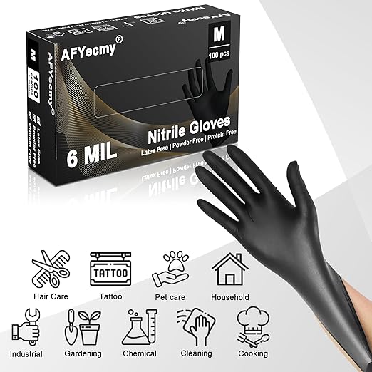 Disposable Nitrile Gloves, Chemical Resistant, Powder and Latex Free, Food Safe, Black Heavy Duty Gloves, 6 Mil, 100 Count, Medium