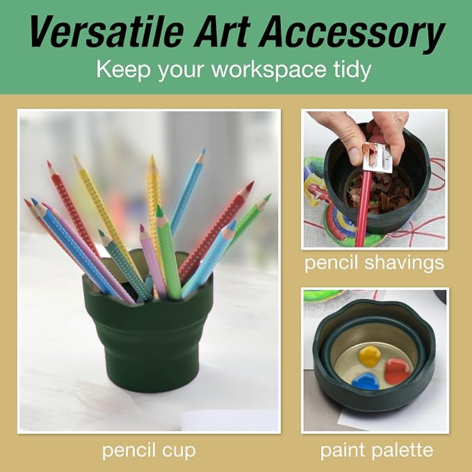 Faber-Castell Clic & Go Artist Water Cup, Dark Green - Travel-Friendly Collapsible Brush Cleaner Tool with Brush Stand, Scalloped Rim, Non-Slip Base, Portable Palette & Rinser
