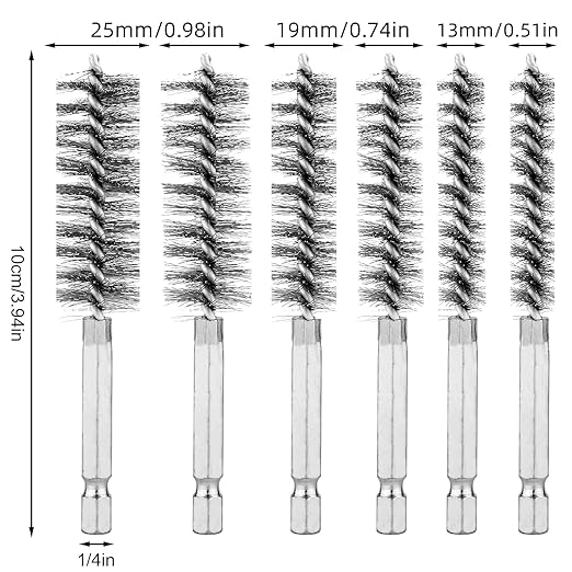 6-Pack Bore Brush Set Stainless Steel Wire Brush Bore Cleaning Brush Set for Power Drill Cleaning, Pipe Cleaning Brush Set Abrasive Wire Brush with 1/4" Hex Shank for Cleaning Tubes (13/19/25mm)