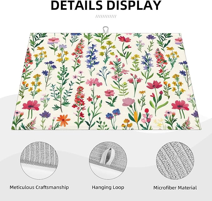 Watercolor Wildflower Dish Drying Mat for Kitchen Counter, 18"x24" Microfiber Absorbent Fast Dry Mat, 2Pcs Dish Mat Faucet Mats Sets, Large Drying Kitchen Mat Kitchen Drying Pad Coffee Bar Decor Gifts