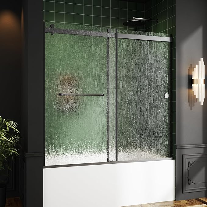 Bathtub Sliding Door 60" W x 56" H, Tub Shower Door, Frameless Bypass Double Sliding Door Tempered Rain Glass with Explosion-Proof Film Stainless Steel Black