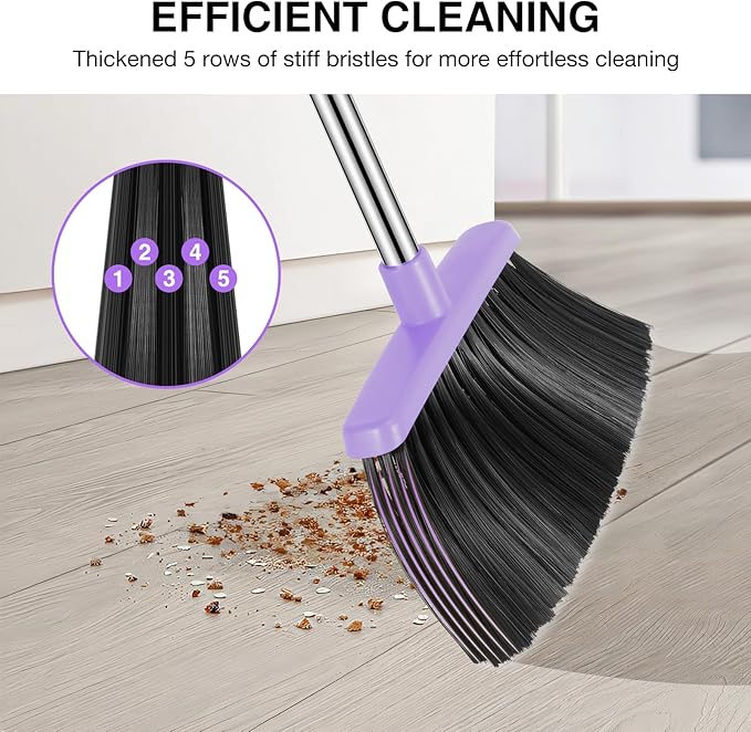 NACENA Broom and Dustpan Set, 52-in Long Adjustable Handle Broom Dustpan Combo with Dustpan Teeth to Automatically Clean Hair Suitable for Home Kitchen Office Hall Floor (Purple), 4 Pack