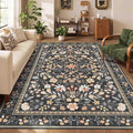 Floral Rug for Living Room Bedroom, 5x7 Washable Rug, Black Vintage Boho Area Rug, Large Non Slip Low Pile Wool Carpet for Indoor Dining Room,Girls Room,Nursery Room and Kids Room(Black 5x7ft)