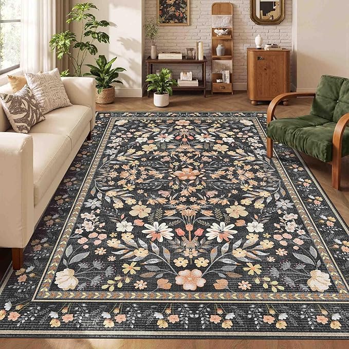 Floral Rug for Living Room Bedroom, 5x7 Washable Rug, Black Vintage Boho Area Rug, Large Non Slip Low Pile Wool Carpet for Indoor Dining Room,Girls Room,Nursery Room and Kids Room(Black 5x7ft)