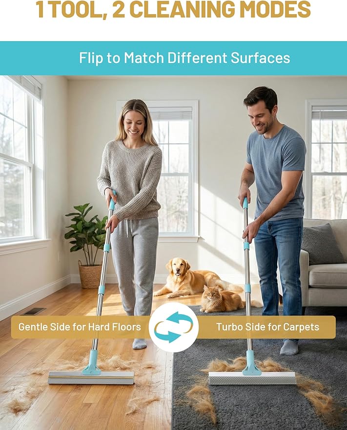 DELOMO Carpet Rake for Pet Hair Removal Carpet Scraper Broom with 54” Adjustable Long Handle, Dual-Sided, Metal + Short Silicone for Carpets & Rugs, Extended Silicone for Shag Rugs & Hard Floors