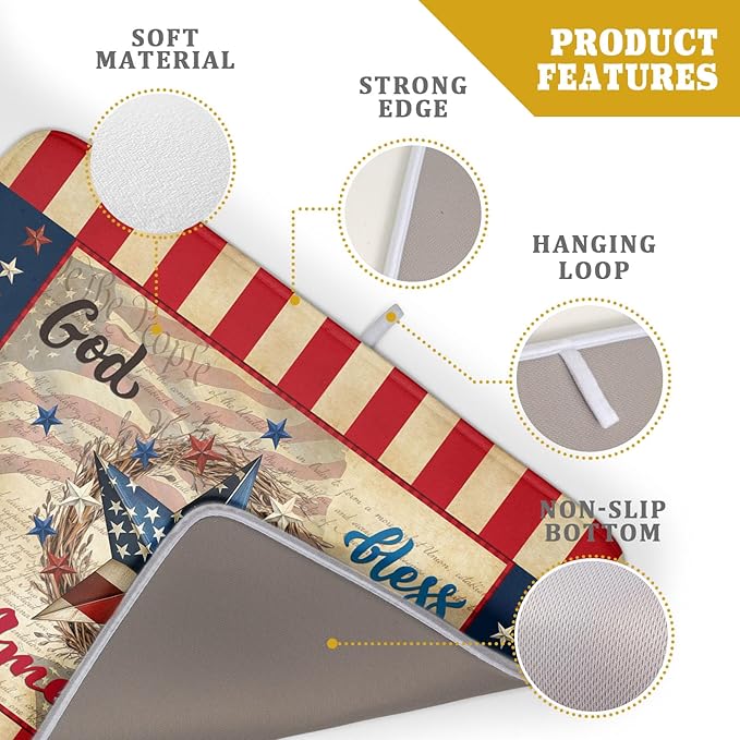 4th of July God Bless Dish Drying Mat for Kitchen Counter,American Flag Star Patriotic Independence Day Drying Mat 18 x 24 Inch with Absorbent Reversible Microfiber Drying Pad for Coffee Bar