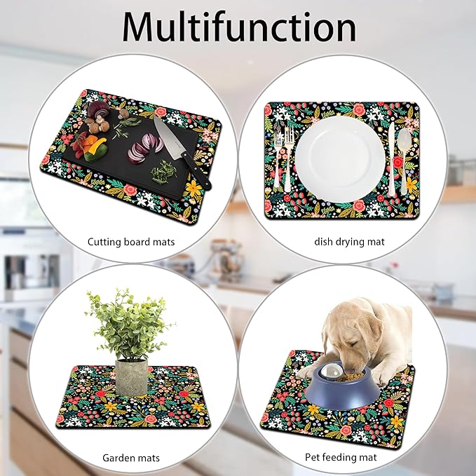 Dish Drying Mat for Multiple Usage. Super Absorbent, Easy clean, Quick dry, Cocina Accesorios for Kitchen Counter or Faucet Sink, Coffee bar, Refrigerator or Air fryer liners, 1 Pack wildflowers