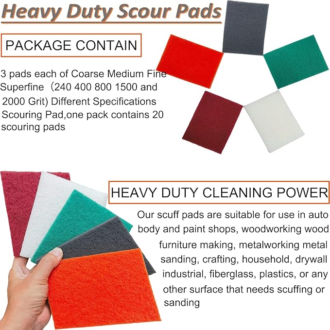 15 Pack 6 x 9 Inch Hand Pads Coarse Medium Fine Superfine 5 Different Specifications Assortment General Purpose Scouring Pad Ideal for Garden Tools and Grills,Automotive Body Tools