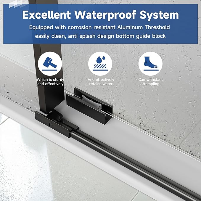 Frameless Sliding Shower Door 72” W x 76” H, 3/8” Tempered Glass, Single Bypass Shower Enclosure with Reversible Door, Quiet Rollers, Anti-Jump Safety System,Matte Black Stainless Steel