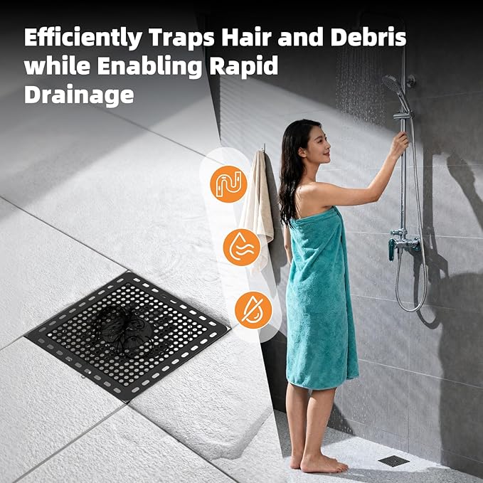 Hibbent 2 Pack Shower Drain Hair Catcher, Shower Drain Cover for Bathroom Floor 6" Drain, Anti-Clogging Bathtub Drain Strainer, Stainless Steel Kitchen Sink Drain Strainer with Handle, Matte Black