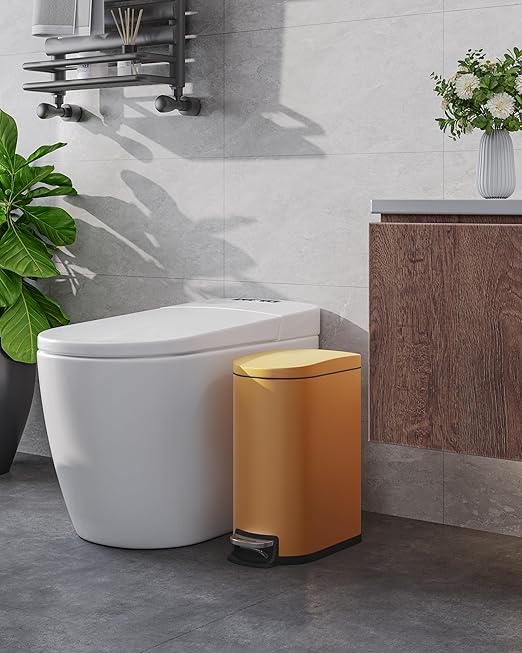 Garvee 2.6 gal / 10 L Metal Bathroom Trash Can with Lid, Slim Waterproof Garbage Can for Bedroom, Small Step-on Trash Bin with Inner Bucket, Rear Handle, Soft Close Lid, Yellow
