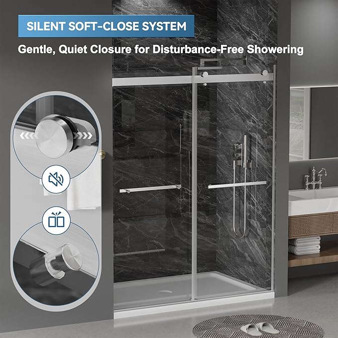 56"-60" W x 75" H Frameless Shower Door, Double Sliding Shower Door,5/16"(8mm) Clear Tempered Glass,Silent Soft-Close Design,Brushed Nickel