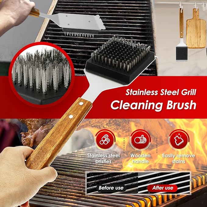 2Pcs Grill Cleaning Brush Set Ergonomic BBQ Brush and Scraper with Wooden Extended Handle Barbecue Cleaning Tool for Barbecue Grill