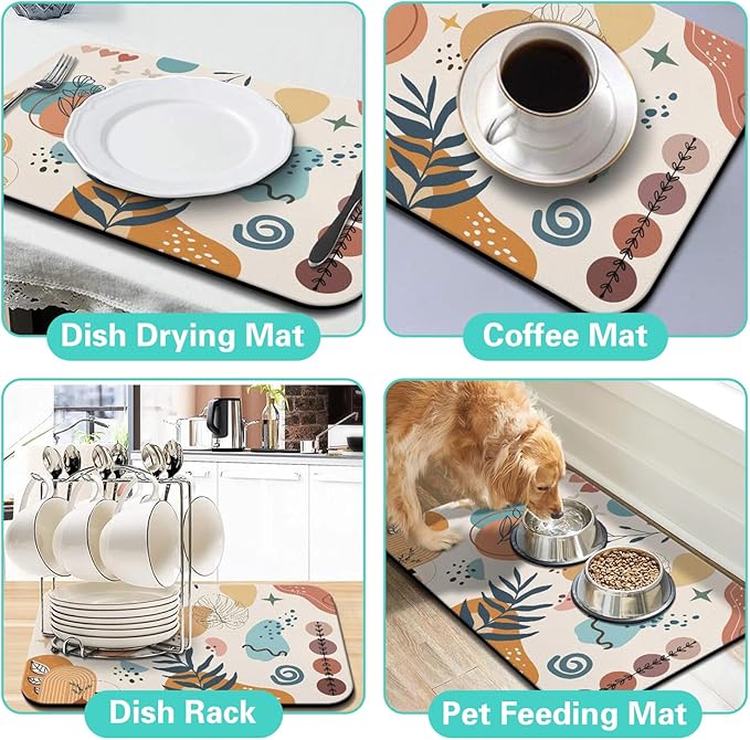 Dish Drying Mat for Kitchen Counter Matt, 2PCS 19"x12" Dish Drainer Mat & 24"x5.5" Sink Splash Guard, Super Absorbent Non-slip Rubber Backed