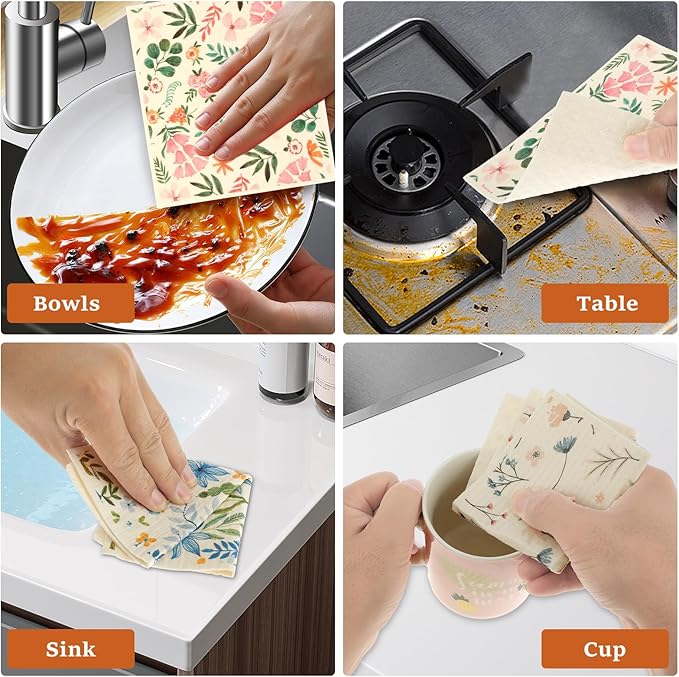 Swedish Dishcloths for Kitchen Dish Towels - 5 Pack, Reusable Paper Towels with Clips, Absorbent Washable Non-Scratch Swedish Dish Towels, Cleaning Sponge Cloths for Baking Cooking Kitchen Home