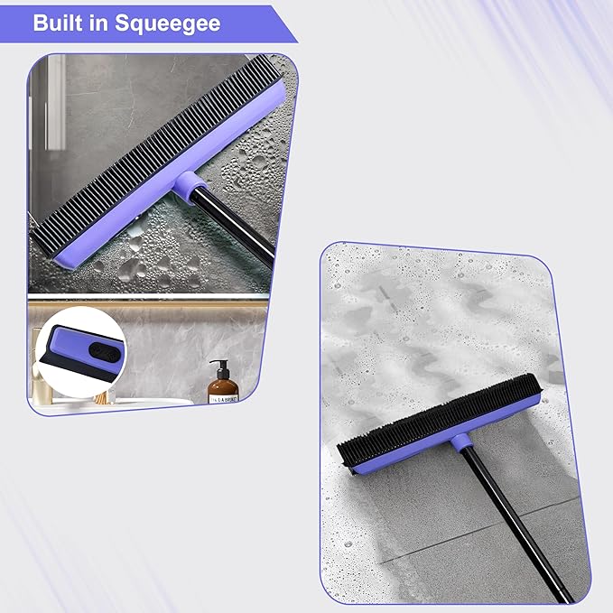 Carpet Brush for Pet Hair Remover, Rubber Broom for Pet Hair on Carpet with Telescoping 60.2 Inches Long Handle for Cleaning Fur Rug, Hardwood Floor, Tile, Window