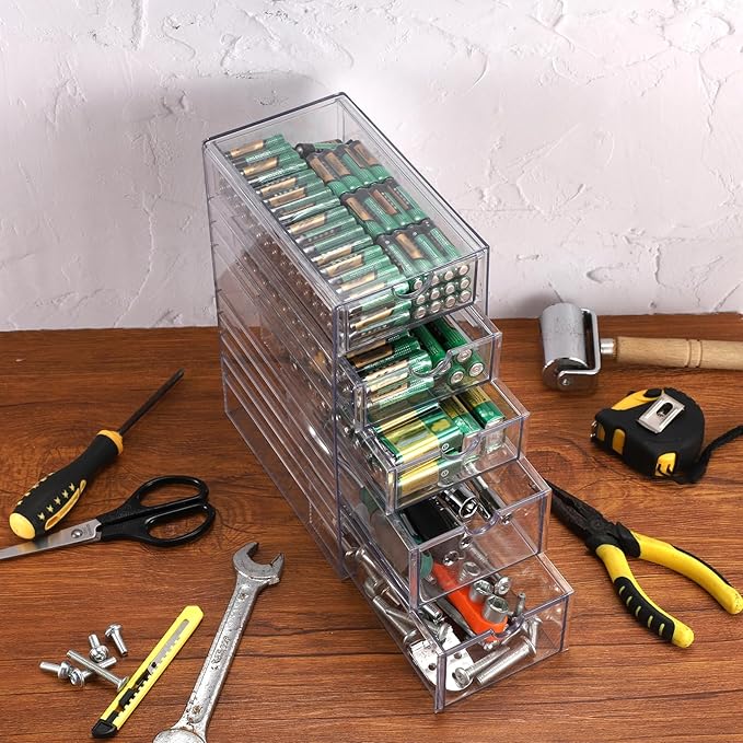 BTSKY Clear Plastic Battery Storage Organizer for AA, AAA, 9V, C, D Batteries, 5-Drawer Storage Box Battery Holder Organizer for Common Types Batteries, Household Container(Batteries Not Included)