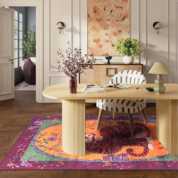 Tiger Rug Washable 4x6 ft Oriental Traditional Animal Print Vintage Fuchsia Floral Tibetan Rugs for Bedroom Kitchen Living Room Indoor Entryway