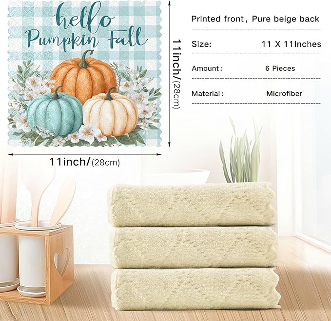 Kitchen Towels Hello Fall Pumpkins Teal Buffalo Plaid Check Dish Towels Multipurpose Reusable Dish Cloths Soft Cleaning Cloth Kitchen Accessories Set of 6,11"x11"