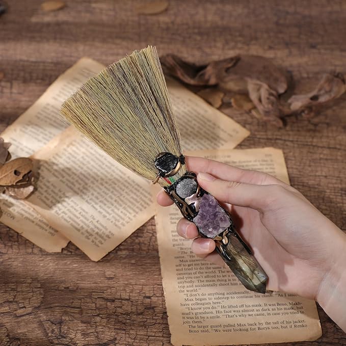 Witch Broom Witchcraft Supplies - Altar Supplies with Labradorite Wiccan Stuff Magic Broomstick with Natural Healing Crystals Hexagonal Points Pagan Reiki Energy Clearing Decor