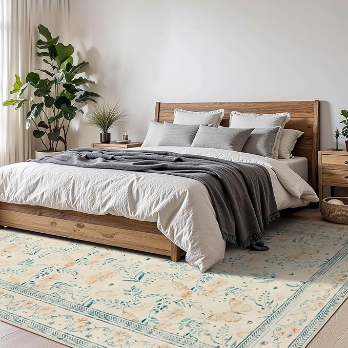 Floral Rug for Living Room Bedroom, 5x7 Washable Rug, Beige Vintage Boho Area Rug, Large Non Slip Low Pile Wool Carpet for Indoor Dining Room,Girls Room,Nursery Room and Kids Room(Beige 5x7ft)