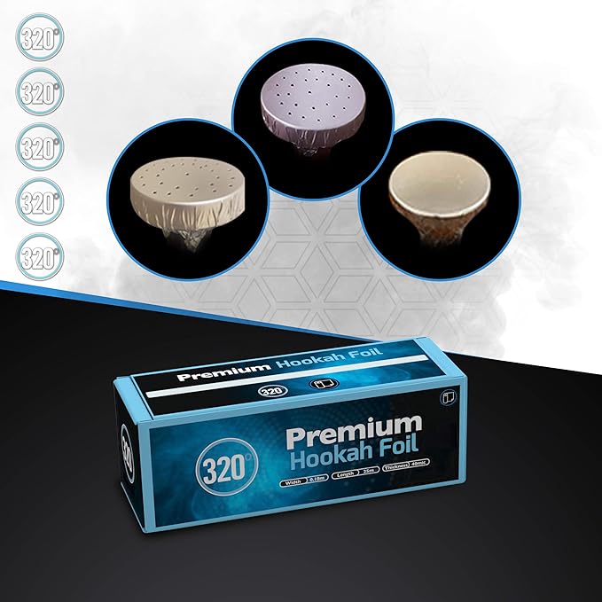 320° Premium Hookah Aluminum Foil - Extra Thick Heavy Duty Rolls - 7" Wide (180mm) - 82ft Length (25m) - 40 Micron Thick Nicotine Free