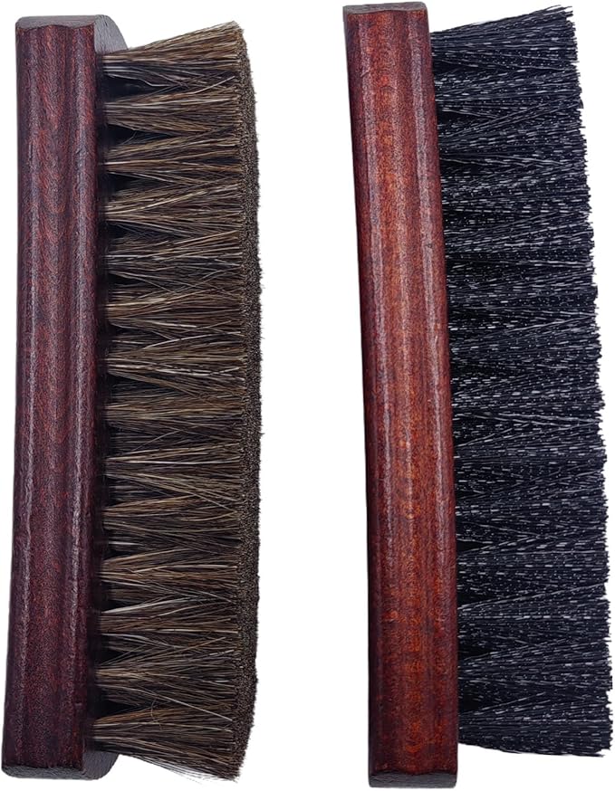 Shoe Cleaning Brush Set of 2 Brushes with Horsehair and Nylon Bristles, 6" Concaved Handle for Premium Grip, Wooden Sneaker Brush for Leather, Boot, Canvas, Sneaker, Textile