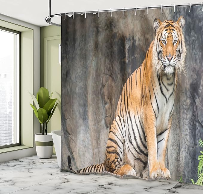 Ambesonne Zoo Shower Curtain, Bengal Tiger Feline Predator Aggressive Hunter Carnivore Africa Savannah, Cloth Fabric Bathroom Decor Set with Hooks, 69" W x 84" L, Pale Brown White Black
