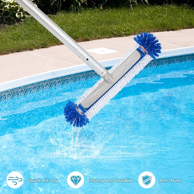 Professional Swimming Pool Brush Head, 17.5'' Aluminum Heavy Duty Pool Brushes for Cleaning Pool Walls, Tiles & Floors, Premium Nylon Bristles Brush with EZ Clips (Round Edge)