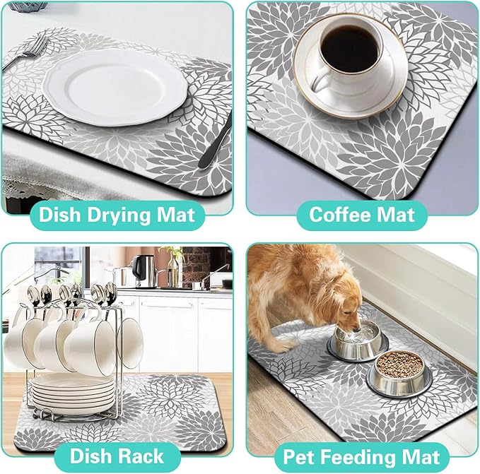 Dish Drying Mat for Kitchen Counter Matt, 2PCS 19"x12" Dish Drainer Mat & 24"x5.5" Sink Splash Guard, Super Absorbent Non-slip Rubber Backed