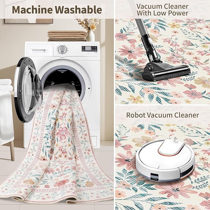 2x6 Floral Runner Rug, Washable Runners for Hallways, Pink Vintage Boho Kitchen Rugs, Non Slip Hallway Runner Carpet for Indoor Hallway, Kitchen, Laundry Room and Bathroom