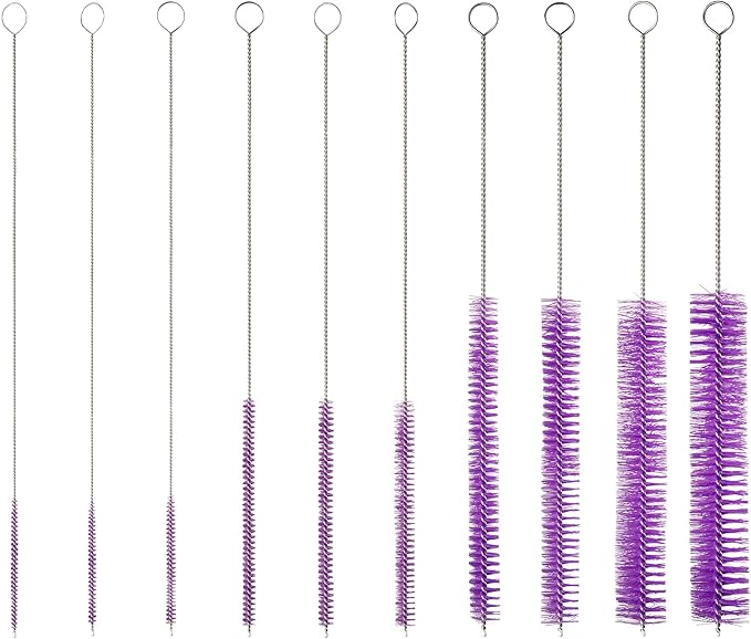 10" Tube Cleaning Brush Set, 10 Pack, Extra Long Nylon Straw Brushes with Flexible Handles for Bottles, Cleaning Straws, Pipe Cleaners, Keyboard, Glass, Guns, Detailing and Deep Cleaning, Purple