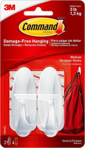 Command Medium Designer Hooks, 2 Hooks and 4 Command Strips, Damage-Free Hanging Wall Hook with Adhesive Strips, No Tools Great for Hanging, Organization and Storage, Holds up to 3 lb