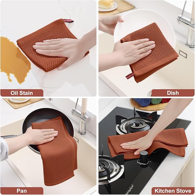 Homaxy 100% Cotton Kitchen Towels and Dishcloths Set, 12 x 12 Inches and 13 x 28 Inches, Set of 8 Bulk Kitchen Towels Set, Ultra Soft Absorbent Dish Cloths for Washing Dishes, Rust
