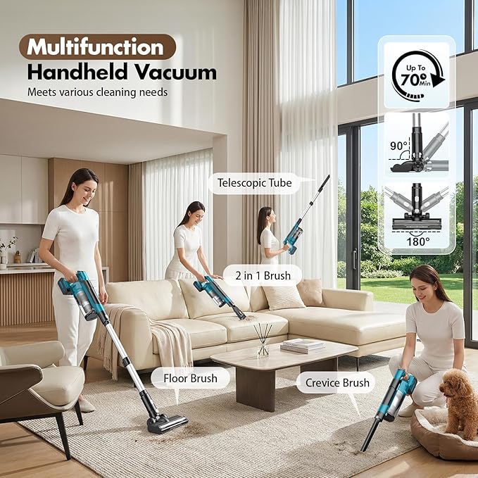 Cordless Vacuum Cleaners for Home with 2*Battery 8000mAh, Brushless Rechargeable Stick Vacuum with 3 Mode, 6 In 1 Portable Handheld Cordless Vacuum for Pet Hair /Hardwood Floor/Dorm/Carpet (Blue)