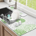 Findosom 2PCS 16" x 24" Dish Drying Mat & 24" x 5.5" Sink Splash Guard, Super Absorbent & Cuttable Dish Mat Drying Kitchen Mat with Green Floral, Hide Stain Drying Mat for Kitchen Counter