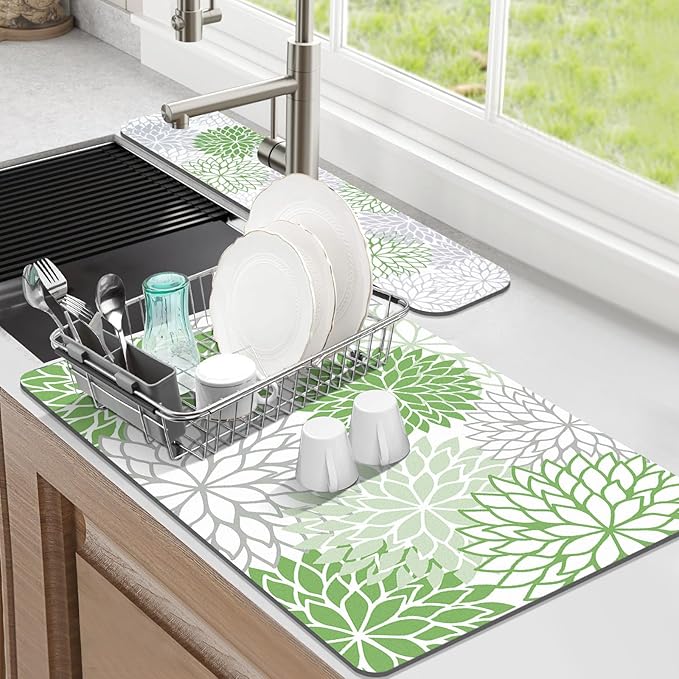 Findosom 2PCS 16" x 24" Dish Drying Mat & 24" x 5.5" Sink Splash Guard, Super Absorbent & Cuttable Dish Mat Drying Kitchen Mat with Green Floral, Hide Stain Drying Mat for Kitchen Counter