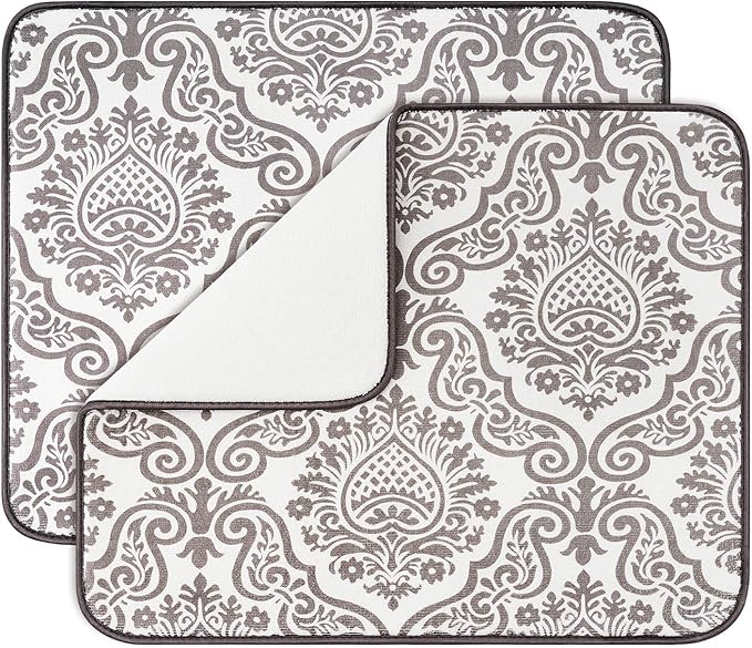Subekyu Dish Drying Mats for Kitchen, Ultra Absorbent Microfiber Drying Mat, Dishes Drainer Pads 2 Pack, 19 by 15 Inch (Floral Vine)