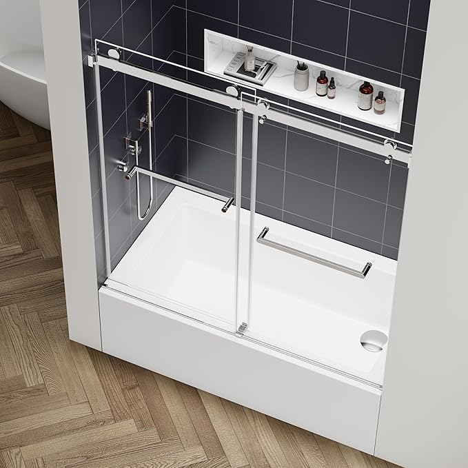 56-60" W x 60" H Double Sliding Bathtub Shower Door, 5/16" (8mm) Tempered Glass Frameless Bypass Shower Glass Door for Tub, Double Nano Coating, Pull Towel Rack (Chrome)