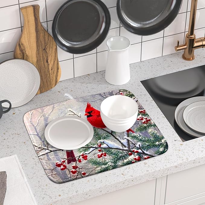 Red Bird Dish Drying Mat Merry Christmas Dishes Pad Absorbent Fast Dry Dish Drainer Mat Protector for Kitchen Counter 16 x 18 Inches