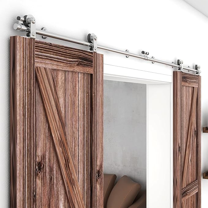 TSMST 8FT Sliding Barn Door Hardware Kit, Top Mount Stainless Steel Heavy Duty Sturdy Barn Door Track for Double Wood Door, Slide Smoothly Quietly (T Style)