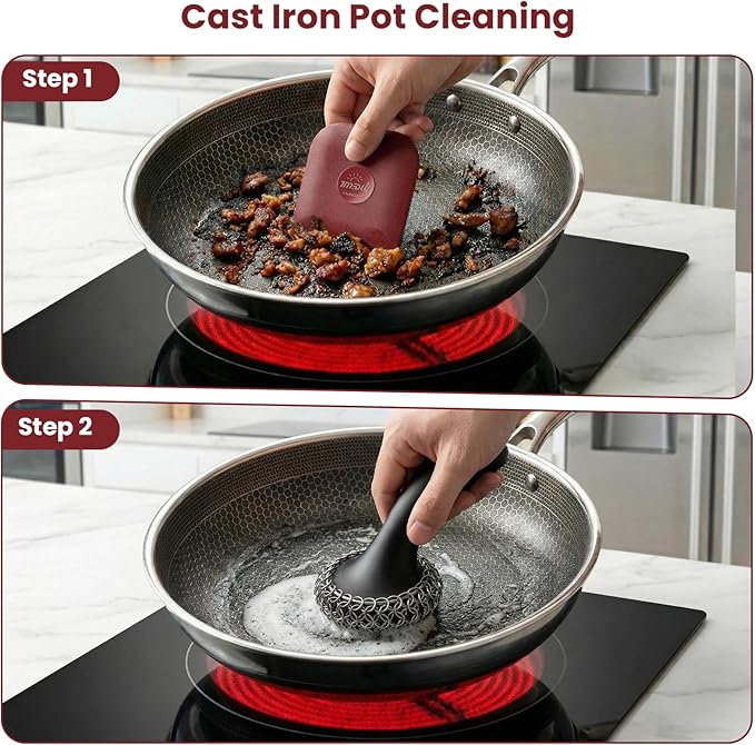 Pan Scraper, 5 Pcs Pot Scraper, Pan Scraper Plastic, Multifunctional Scraper Tool for Kitchen, Non-Slip, Food Safe, High Heat Resistant-Red