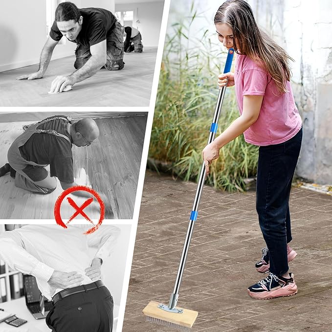 2 Pack Stainless Steel Floor Scrub Brush with 4 Section Detachable Pole, 65” Deck Stain Brush with Long Handle, Push Broom Outdoor Heavy Duty for Concrete Floor Patio Garden Garage Swimming Pool