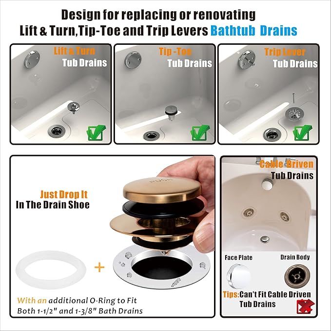 Artiwell Universal Tip Toe Bath Drain Stopper and Cover, Bathtub Drain Stopper, Replaces Lift and Turn, Tip-Toe and Trip Lever Drains for Tub, EZ Installation and Clearing (Champagne Bronze)