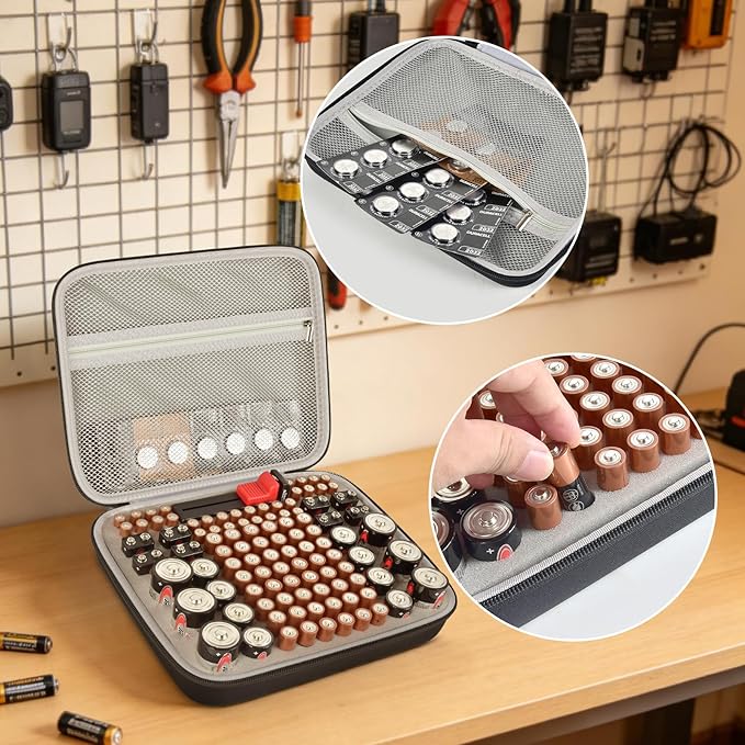 Comecase Battery Organizer Storage Box with Tester, Hard EVA Battery Case Holds 150+ AA AAA C D 9V 3V Lithium Batteries, Compact Battery Holder Carrying Bag for Home Drawer, Garage & Travel, Black