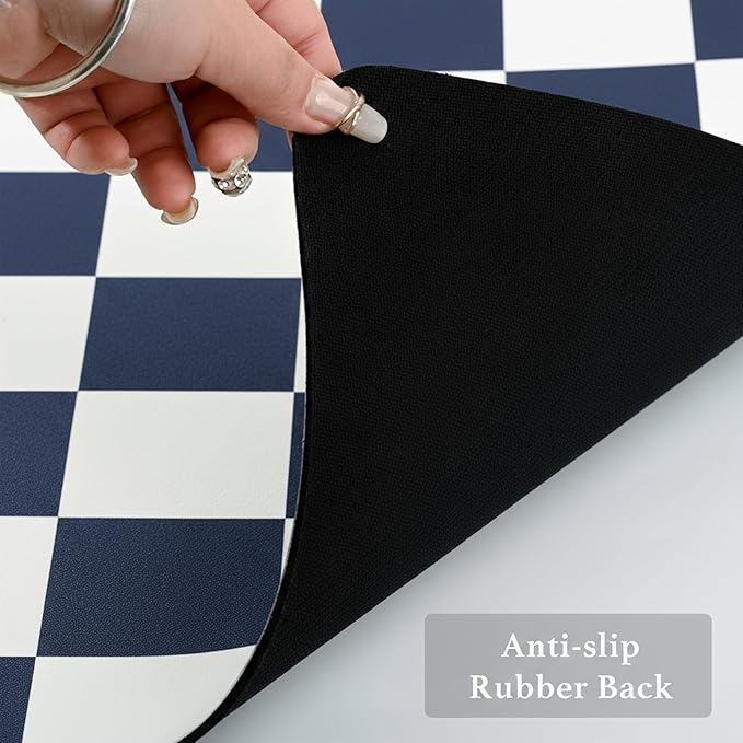 Checkered Dish Drying Mat for Kitchen Counter, Coffee Bar Station Accessories, Retro Cute Aesthetic Modern Absorbent Drainer Mat Kitchen Drying Mat Easy Clean (Navy Blue, 24" x 16")